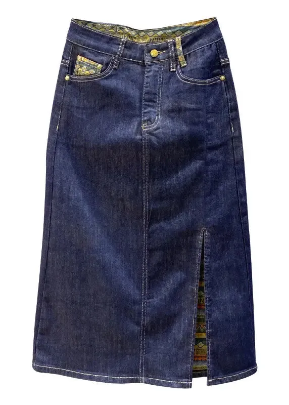 Boutique Navy Asymmetrical Print Patchwork Tassel Denim Skirts ML0728