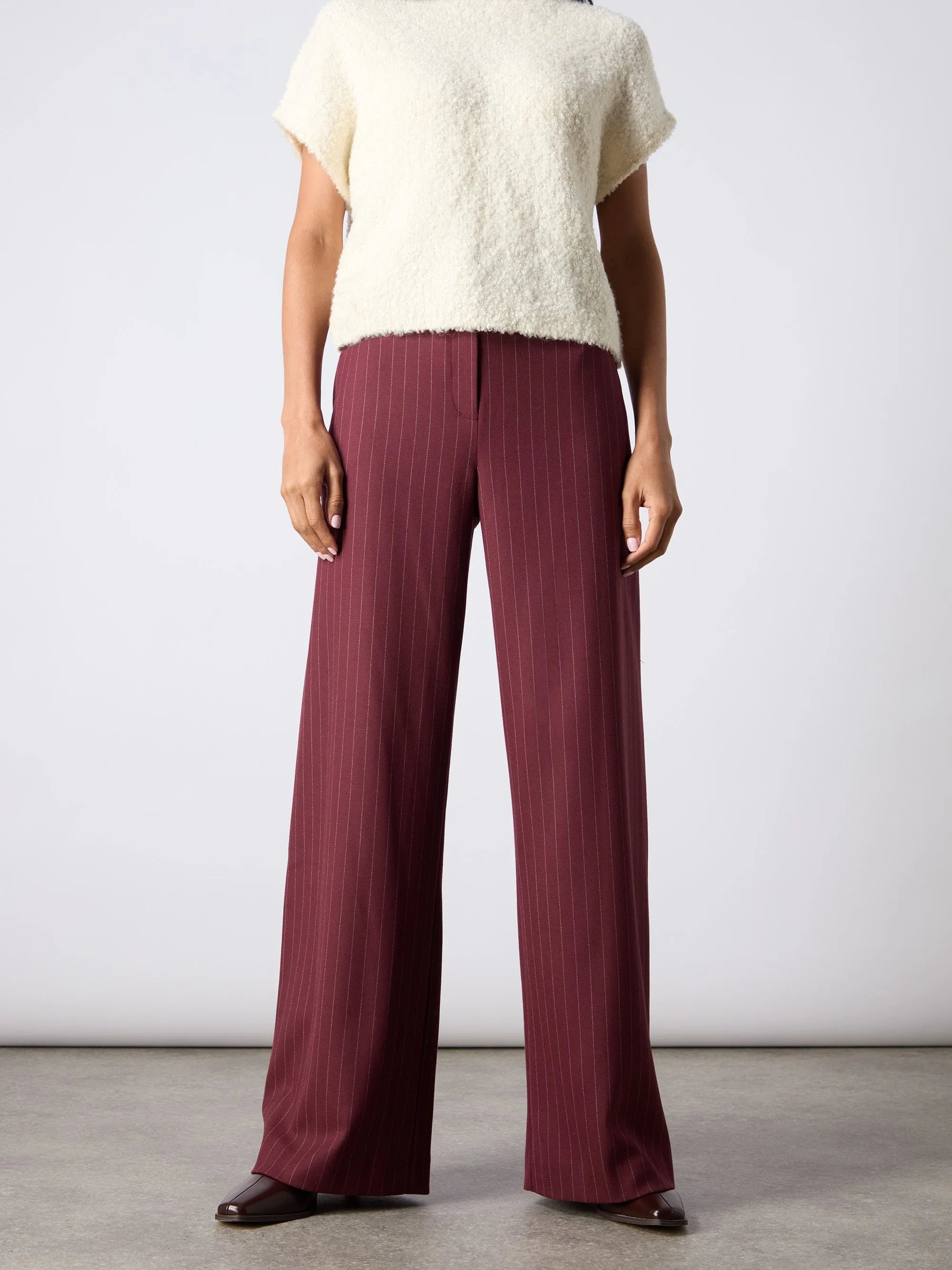 Burgundy Pinstripe Wide Leg Trousers
