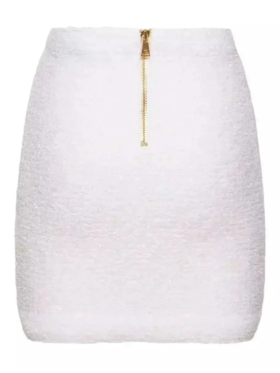 Buttoned White Tweed Mini Skirt