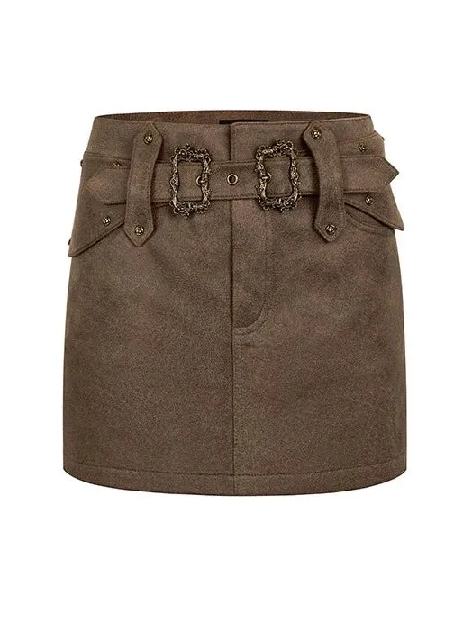 Mode Ochre Asymmetrical Belt Skirt