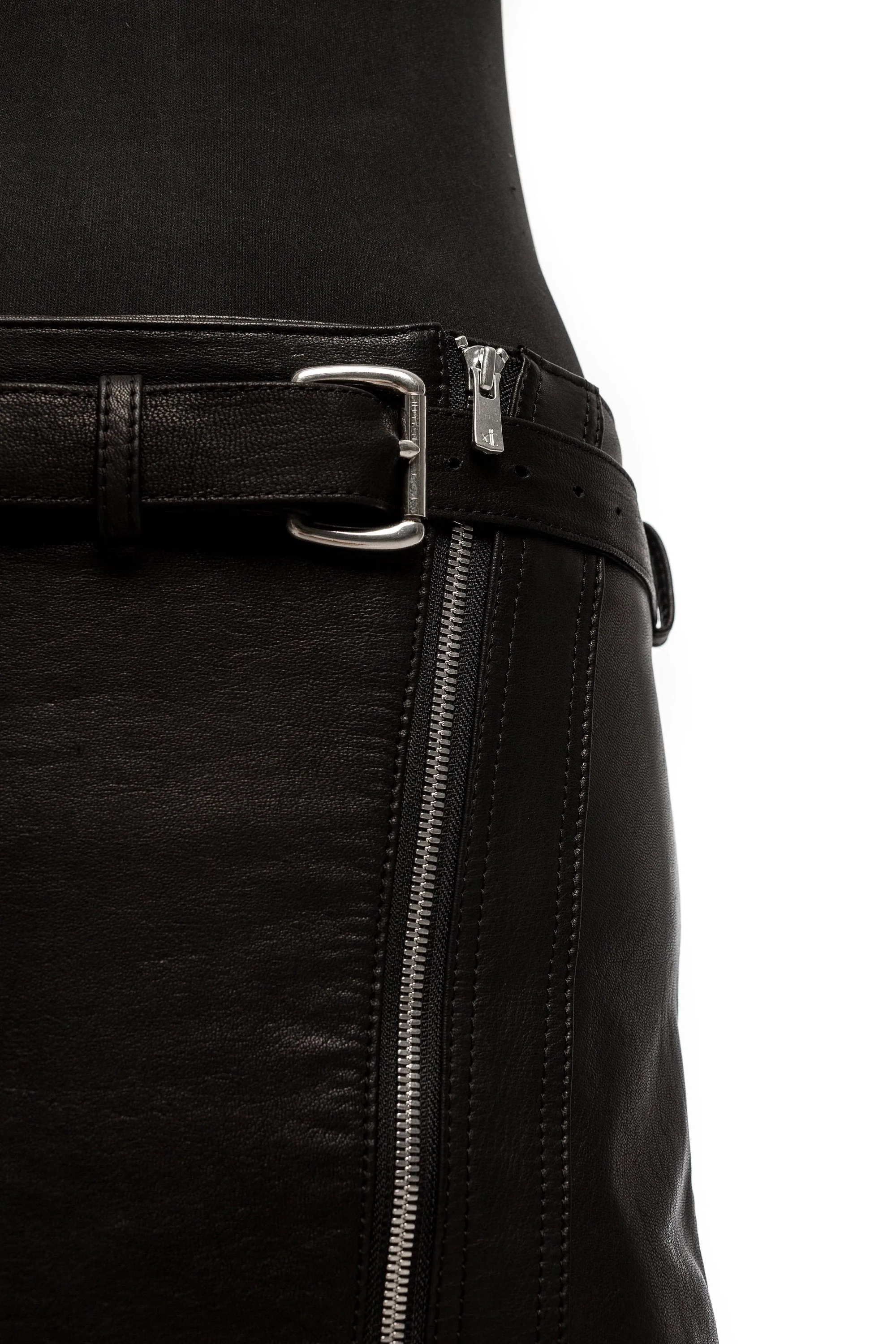 Silver Zipper Hi-Lo Black Leather Mini Skirt