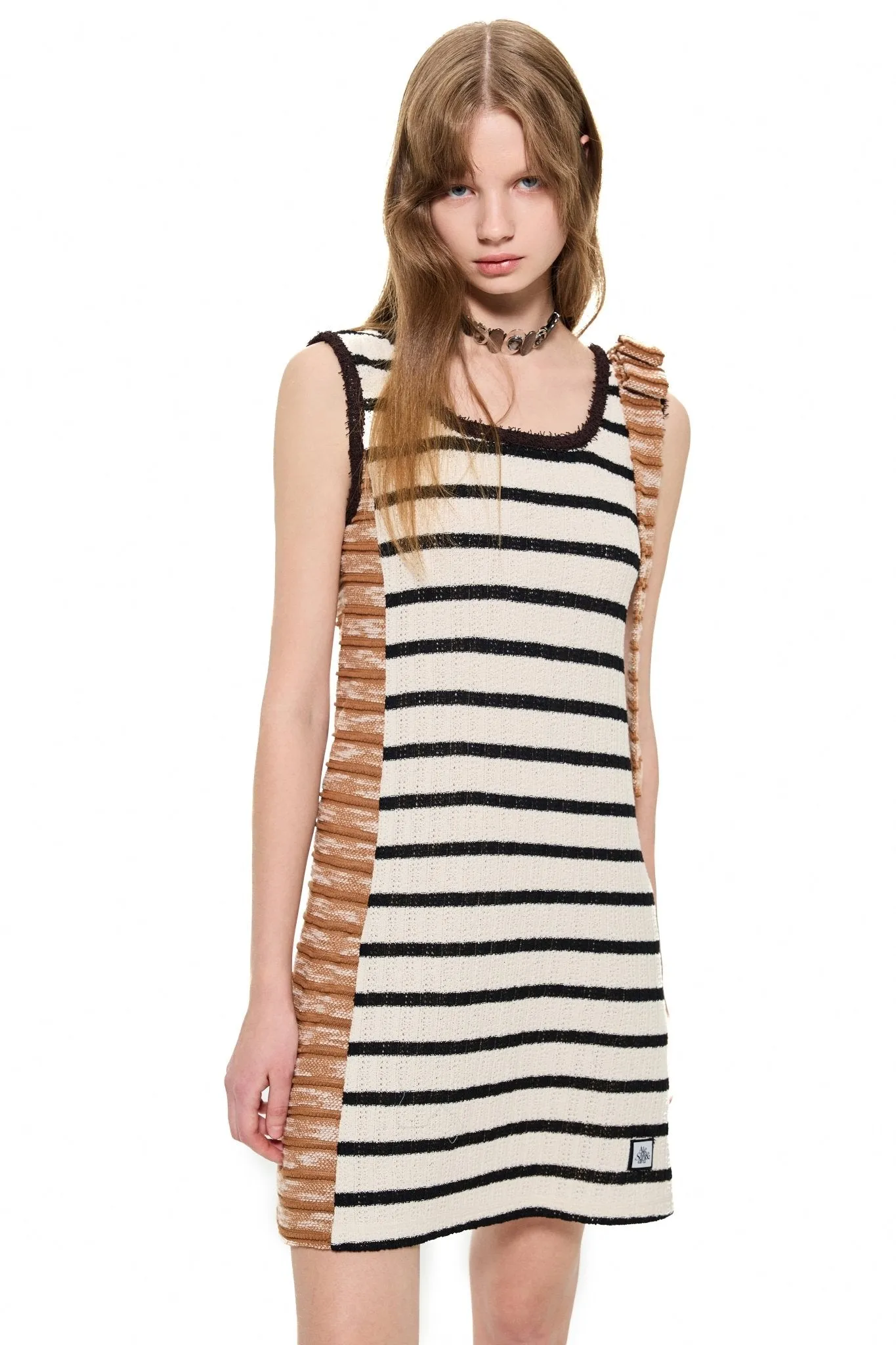 Stripe Asymmetrical Knitted Dress in Brown