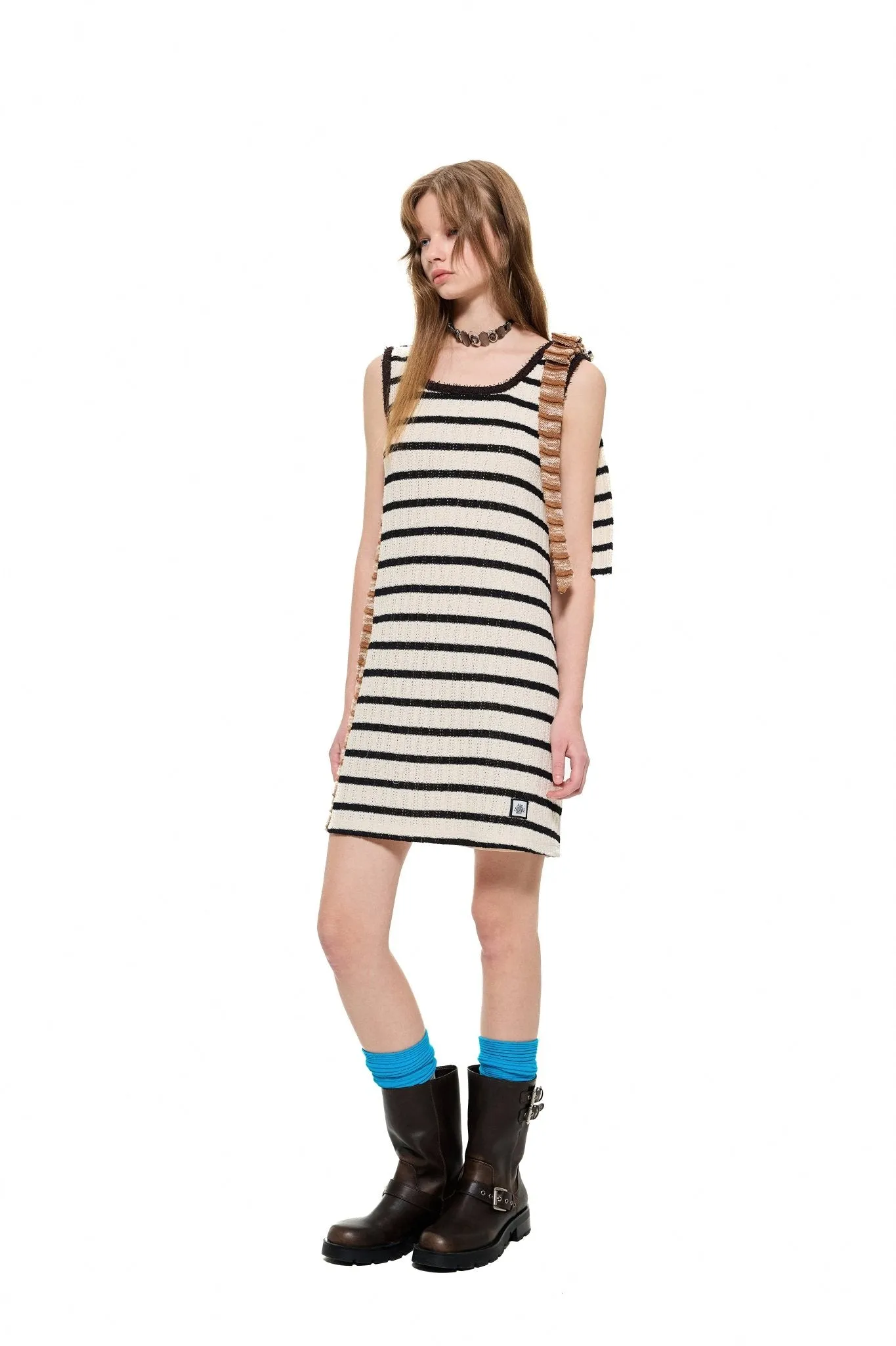 Stripe Asymmetrical Knitted Dress in Brown