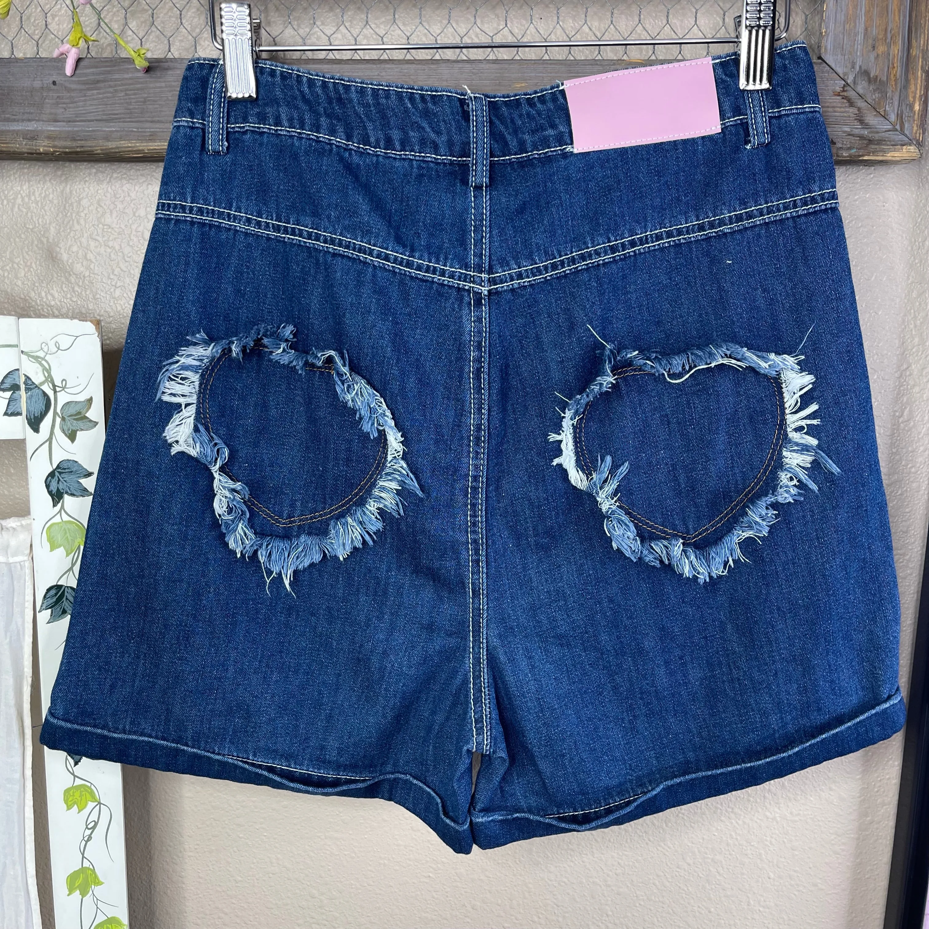 THRIFTED HEART POCKET HIGH-WAISTED SHORTS