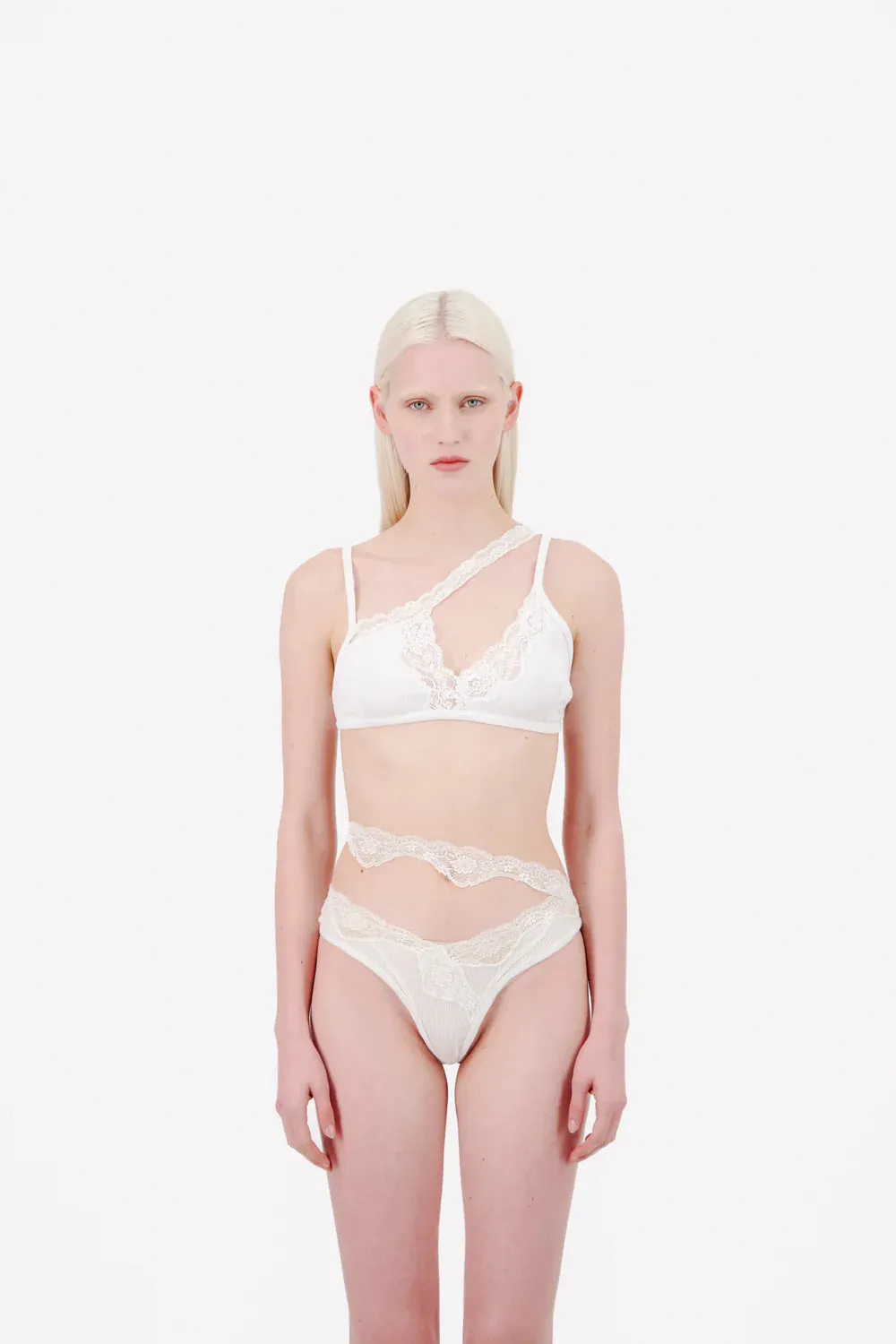 VAILLANT Ribbed Jersey Bra With Asymmetric Lace Trim in Black